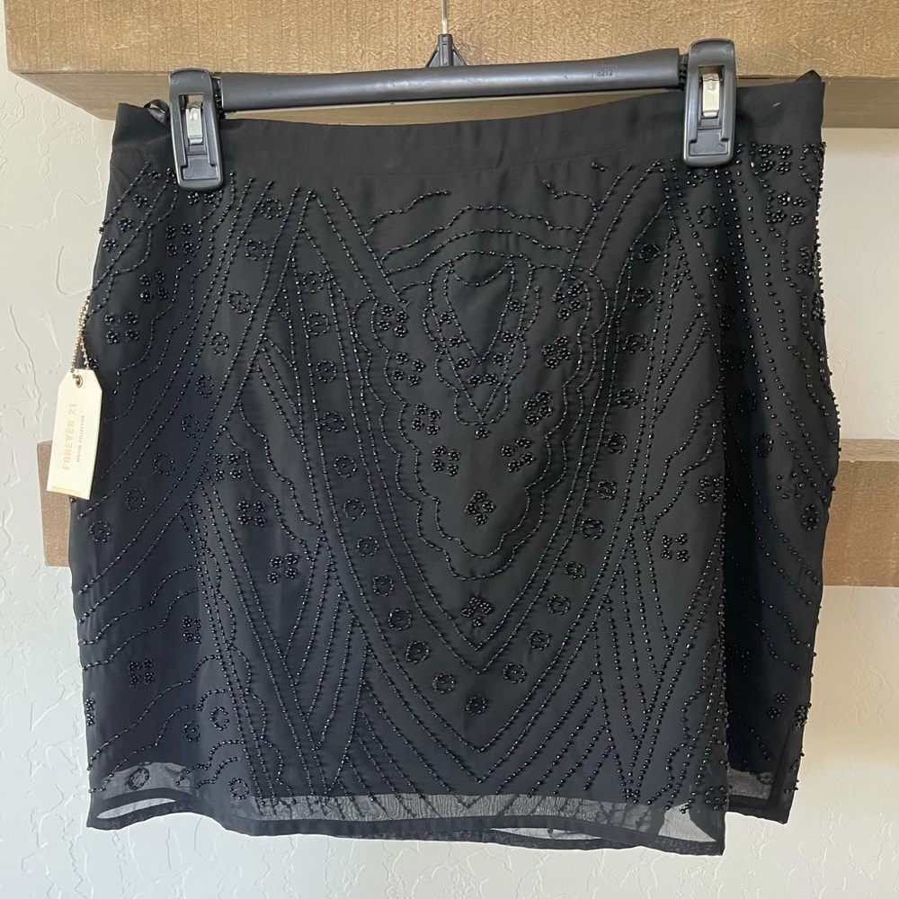 Forever 21| Black Fully Beaded Mini Skirt, Size Large—Lined•••